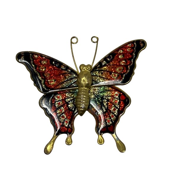 Vintage Butterfly Brooch Red Green Enamel and Glitter Pin - Picture 1 of 8